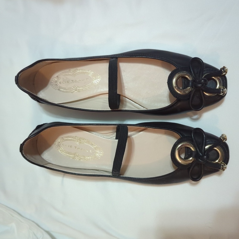 Elie Tahari Black Leather Ballet Flats with Gold Ring Bow